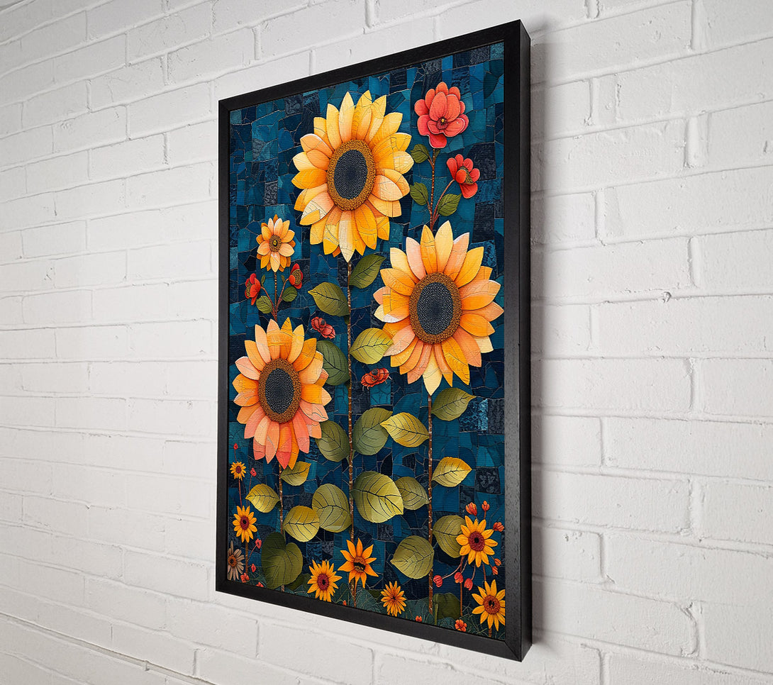  A Canvas Print of Mosaic Sunflowers In Teal Canvas Wall Art