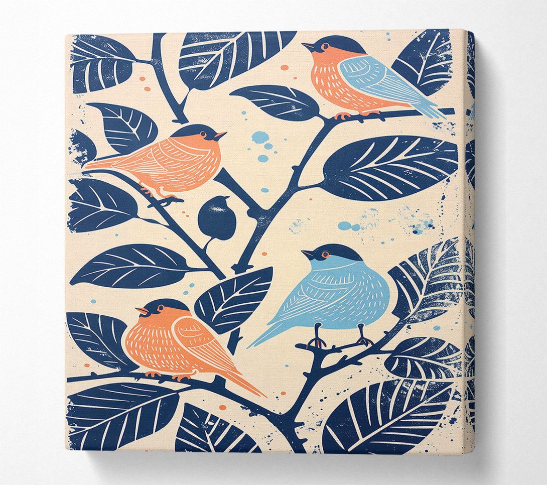  A Canvas Print of Blue Birds On Peach Branch Canvas Print