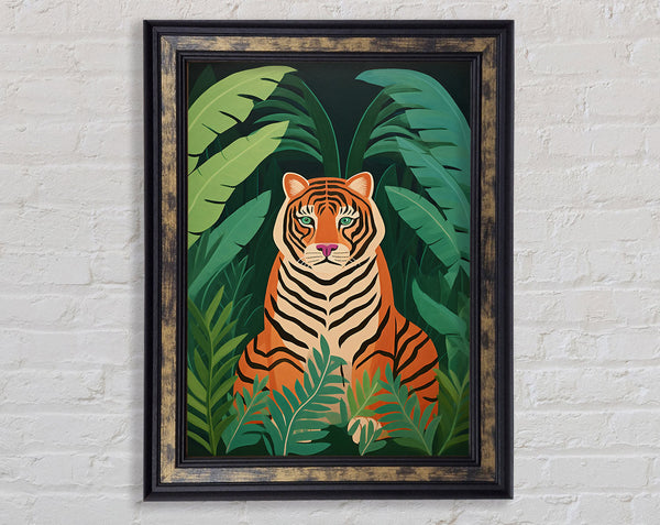Tiger Exotic Jungle Leaves Framed Print