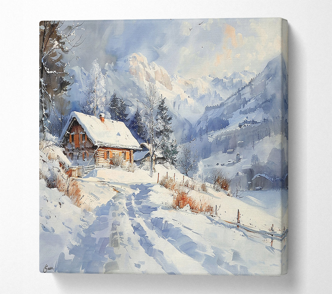  A Canvas Print of Blue Cabin In Snow Canvas Print