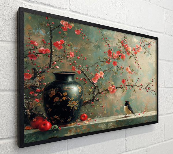 Green Vase And Red Blossoms