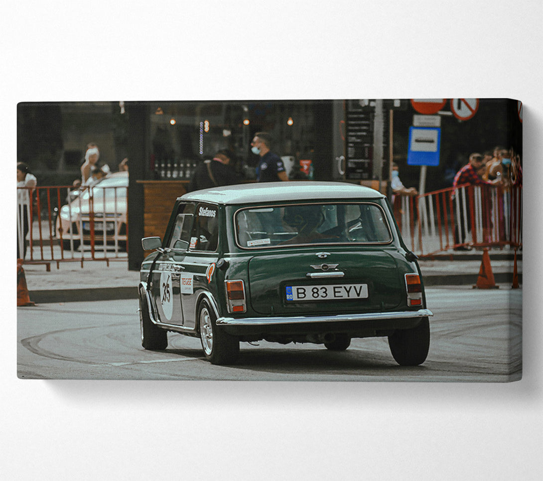  A Canvas Print of Green Mini Cooper In Motion Canvas Wall Art