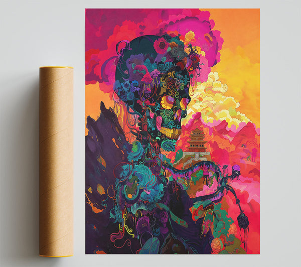 Pink Floral Skull Giclee Print