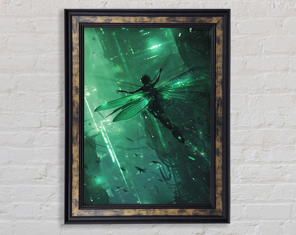 Woman Dragonfly Cyberpunk City Framed Print