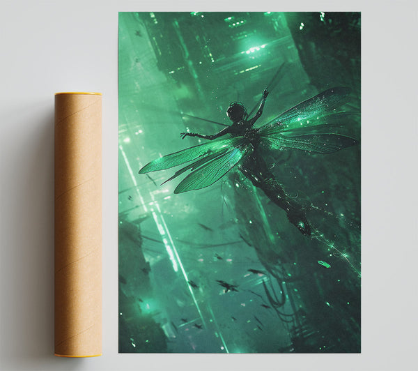 Woman Dragonfly Cyberpunk City Print
