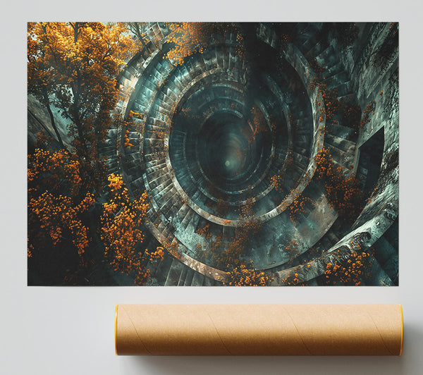 Teal Spiraling Descent Print