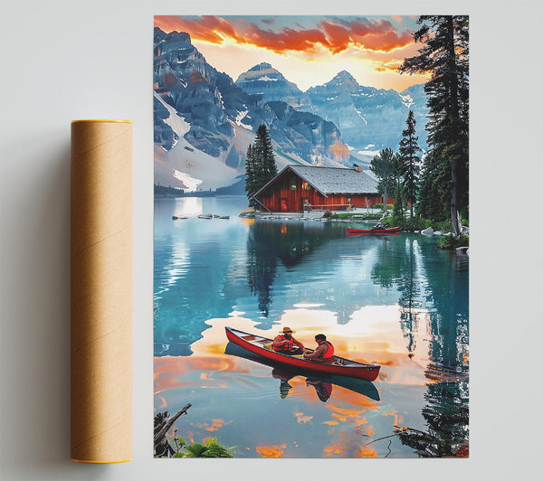 Orange Sunset Cabin Poster