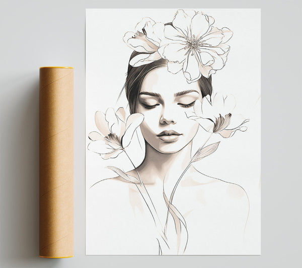 Woman Line Drawing Sepia Poster