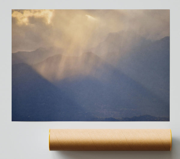 Golden Rays Through Mist Poster