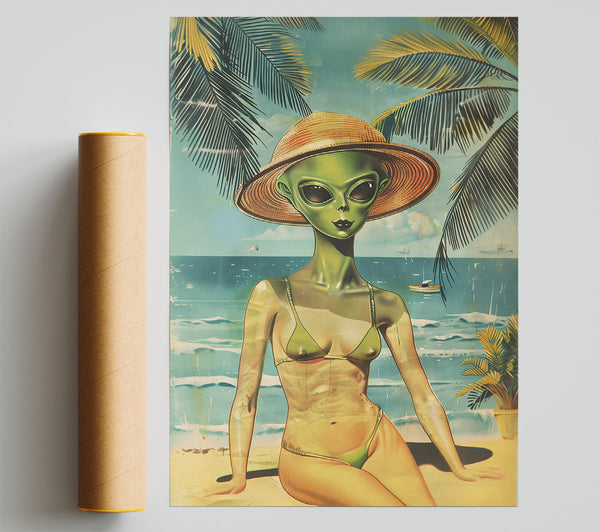 Green Alien Beach Day Poster