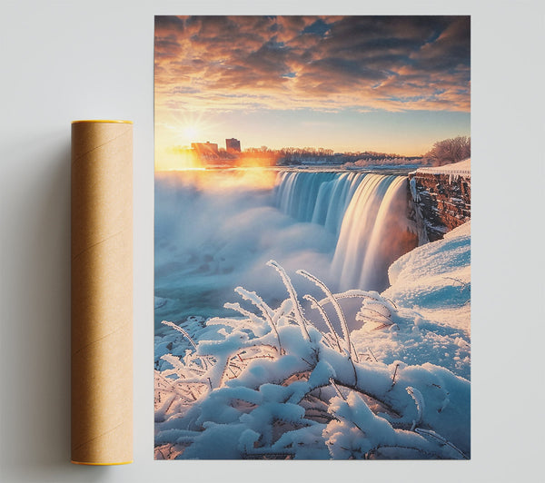 Golden Sunset Waterfall Poster