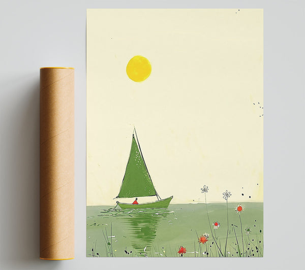 Green Sailboat Sunset Print