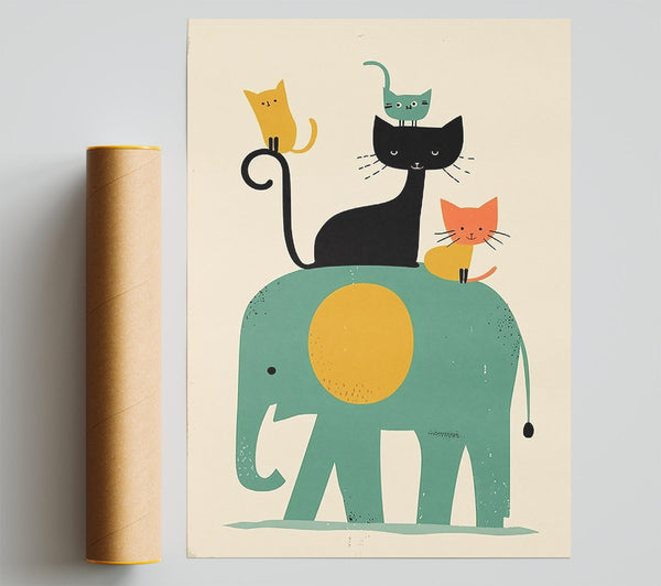 Teal Elephant Cat Pile Giclee Print