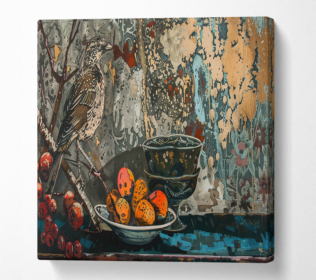  A Canvas Print of Teal Bird And Fruit Canvas Wall Art