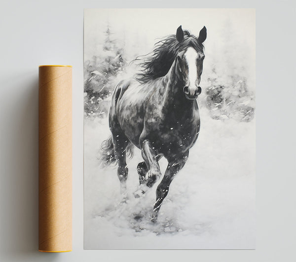 Black Stallion In Snow Print