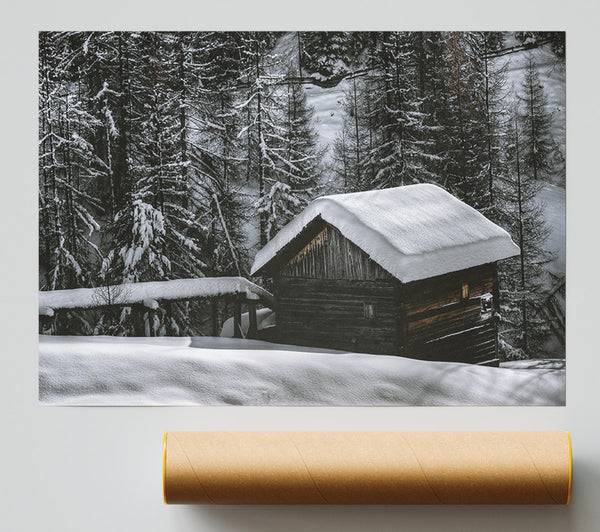 White Cabin Under Snow Poster