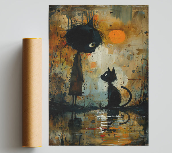 Orange Sunset Shadow Cats Giclee Print