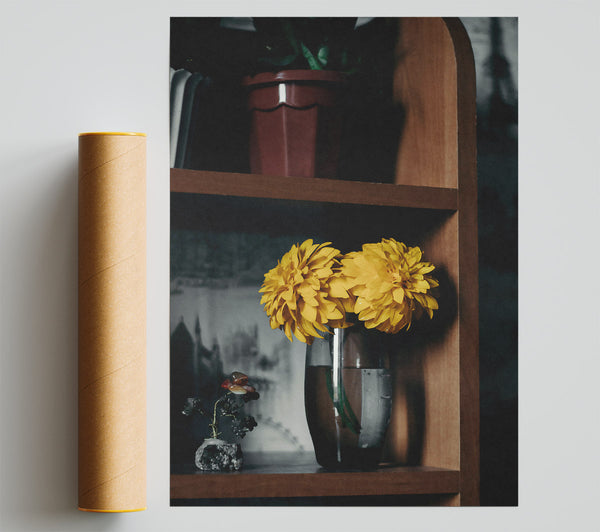Yellow Blooms On Shelf Poster