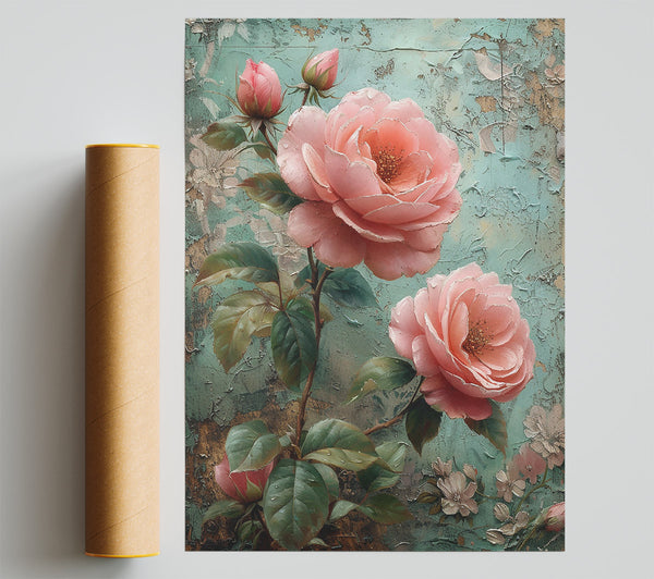 Pink Roses On Teal Giclee Print