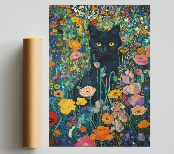 Black Cat In Teal Blooms Print