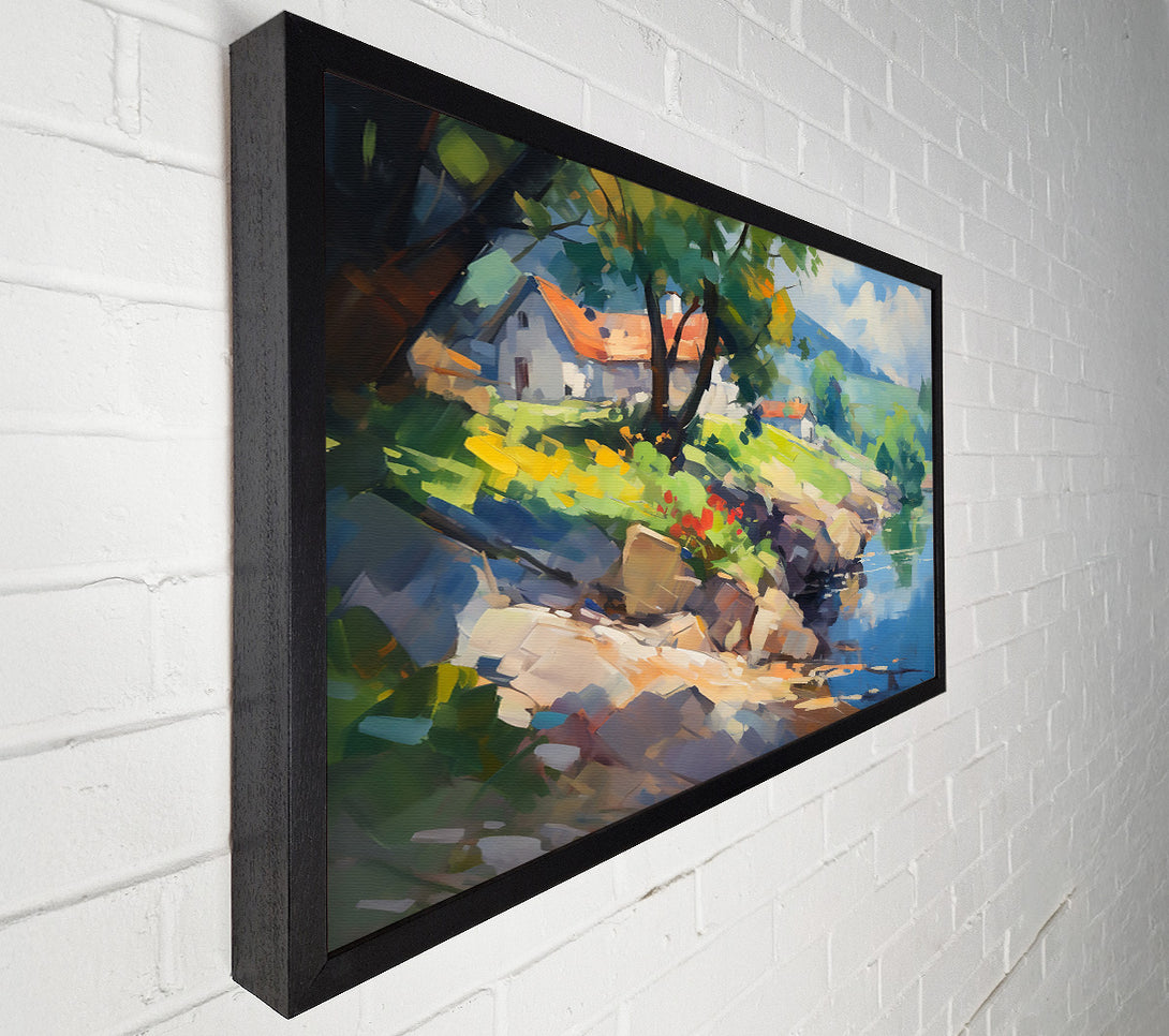  A Canvas Print of Azure Riverbank Cottage Canvas Art