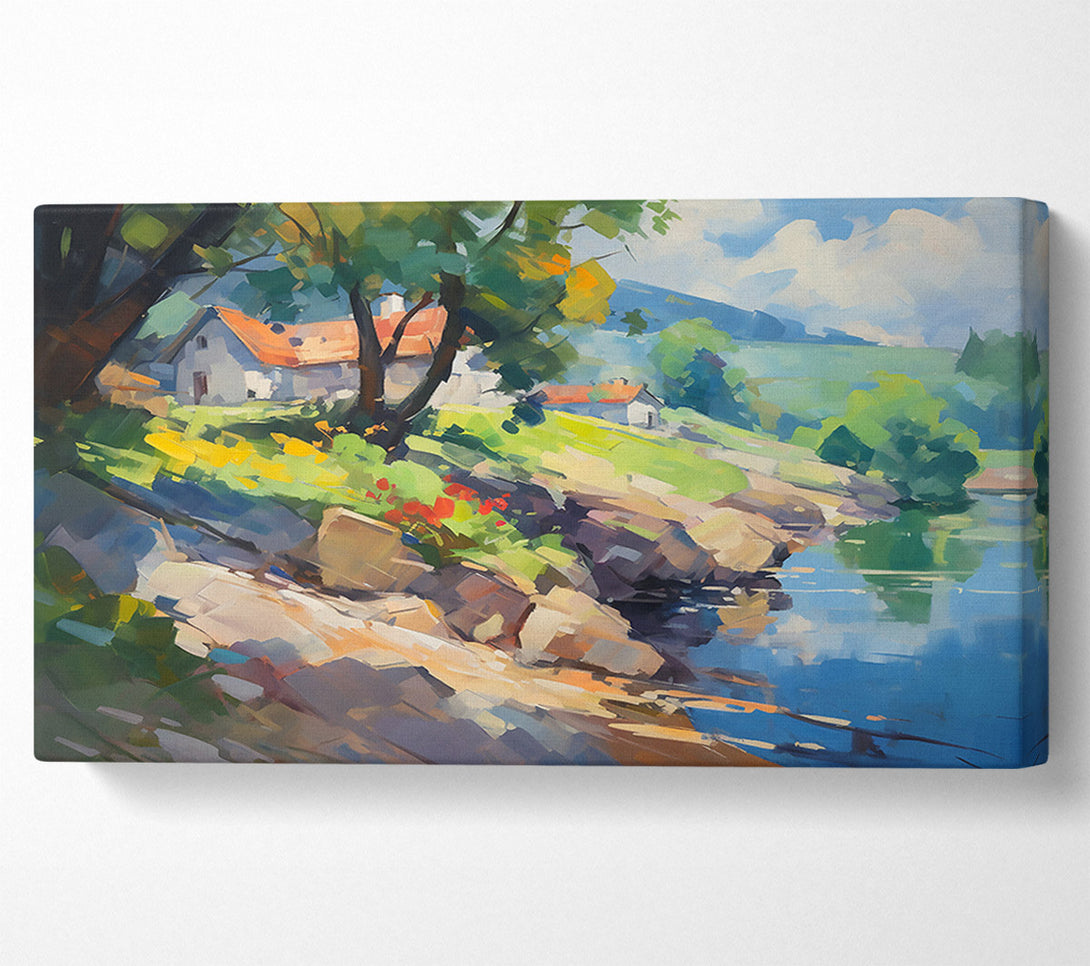  A Canvas Print of Azure Riverbank Cottage Canvas Art