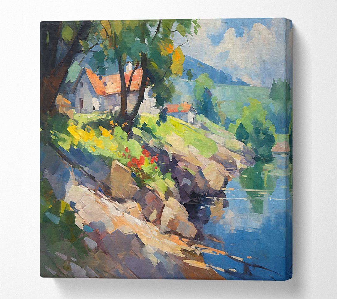  A Canvas Print of Azure Riverbank Cottage Canvas Art