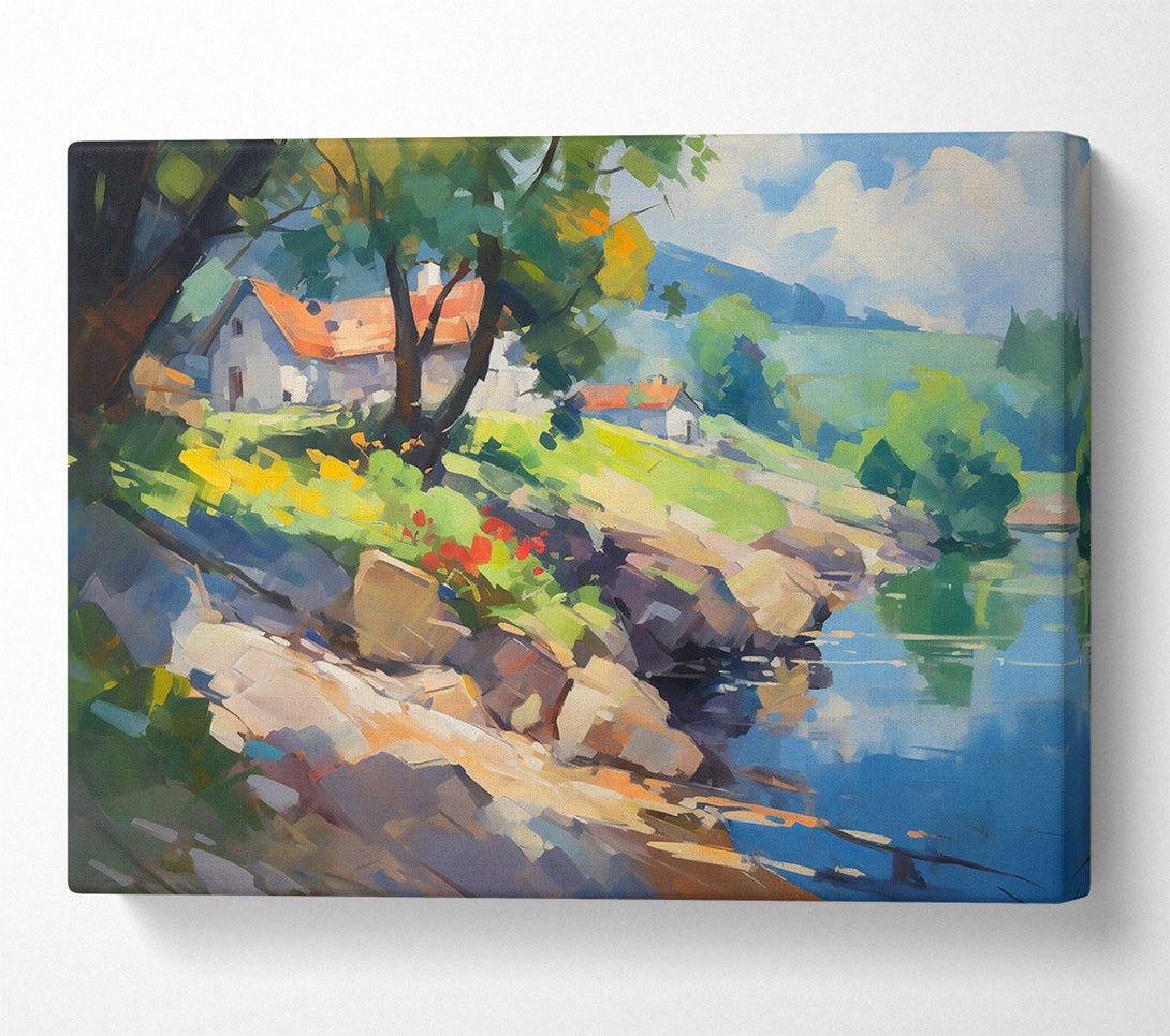  A Canvas Print of Azure Riverbank Cottage Canvas Art