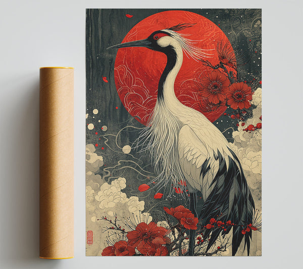 Crimson Crane Bloom Giclee Print