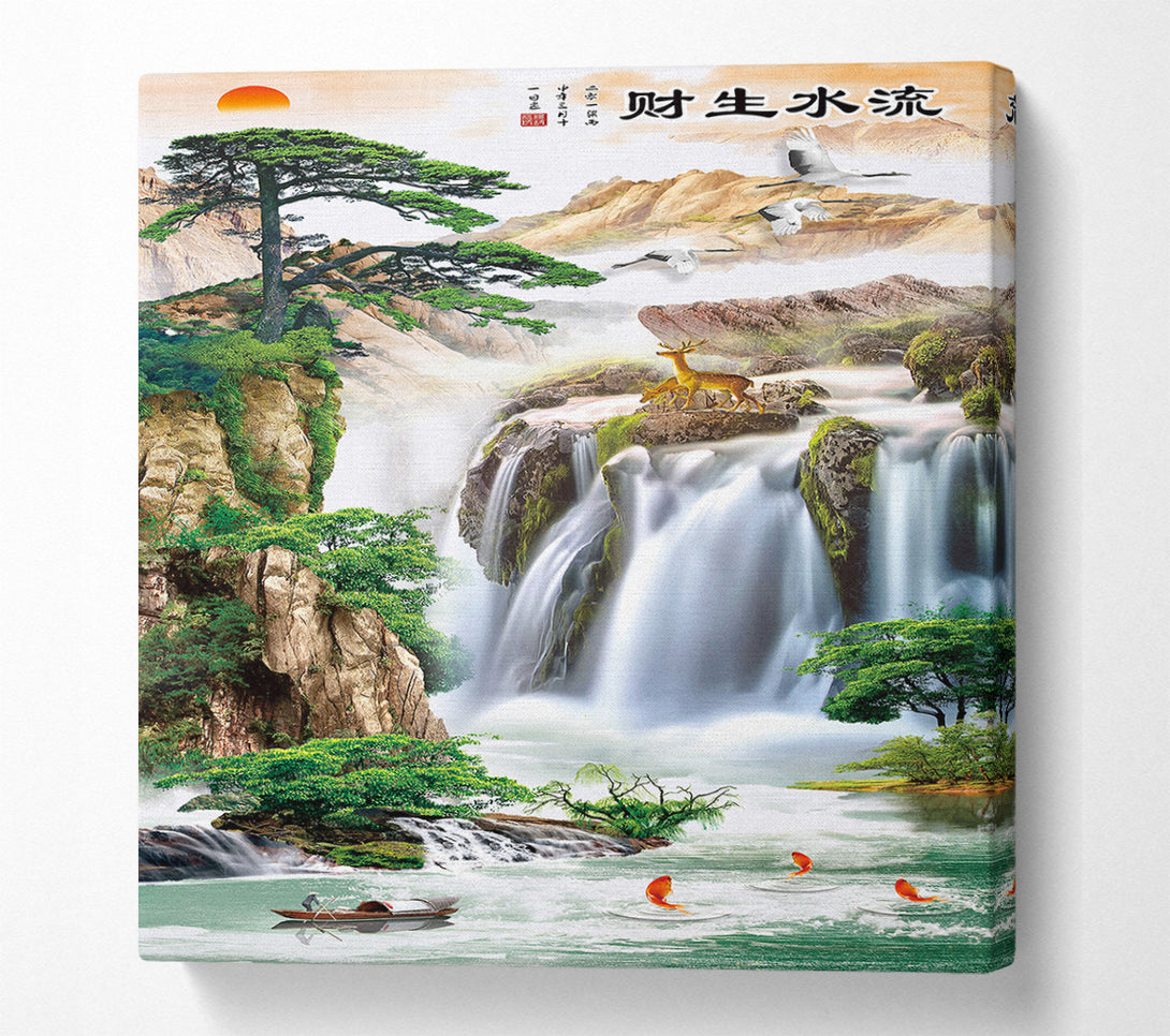  A Canvas Print of Big Waterfall  Boat On A Lake Canvas Art