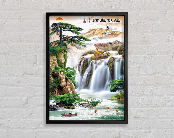 Big Waterfall  Boat On A Lake Framed Print