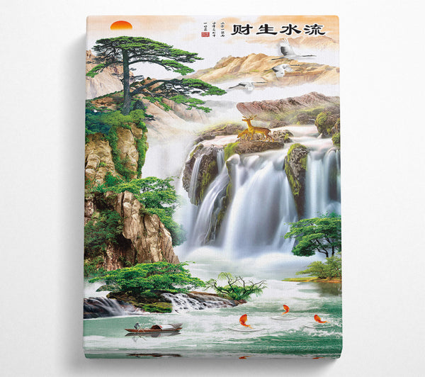  A Canvas Print of Big Waterfall  Boat On A Lake Canvas Art
