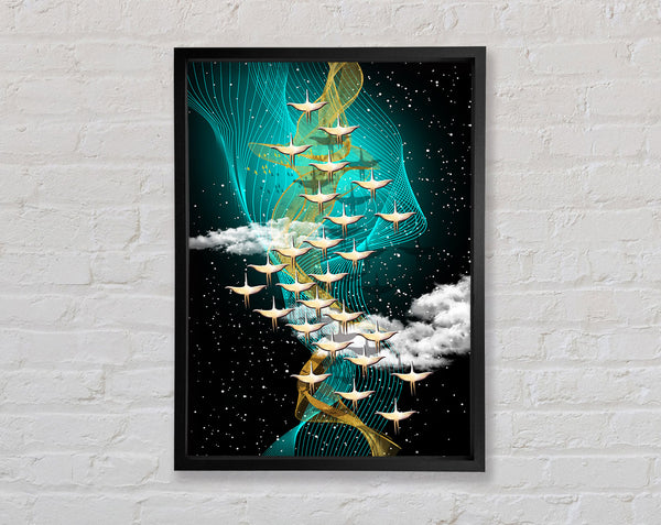 Birds Flying On Vibrant Swirl Framed Print
