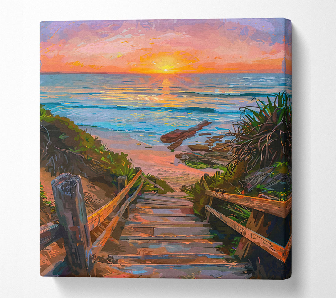  A Canvas Print of Golden Beach Sunset Steps Canvas Print