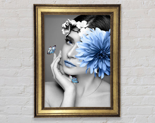 White And White Girl With Blue Flower Framed Print