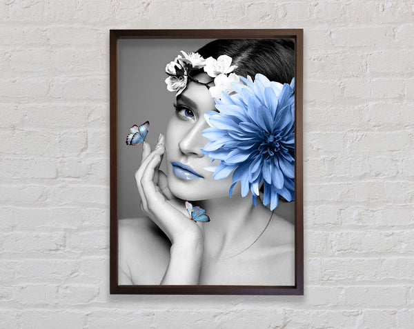 Walnut And Walnut Girl With Blue Flower Framed Print