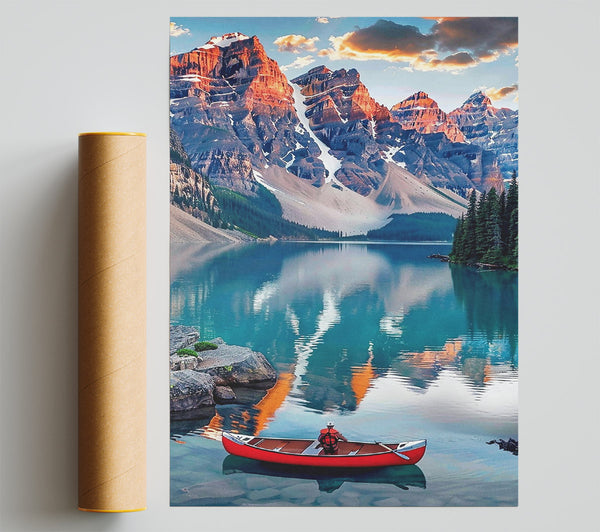 Red Canoe At Sunset Poster
