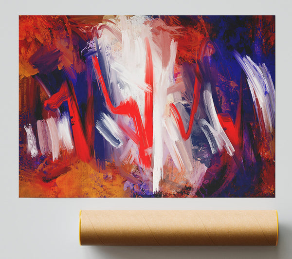 Crimson Brushstrokes And Blue Print