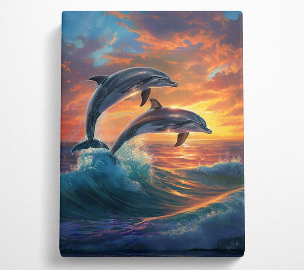  A Canvas Print of Orange Sunset Dolphins Canvas Wall Art