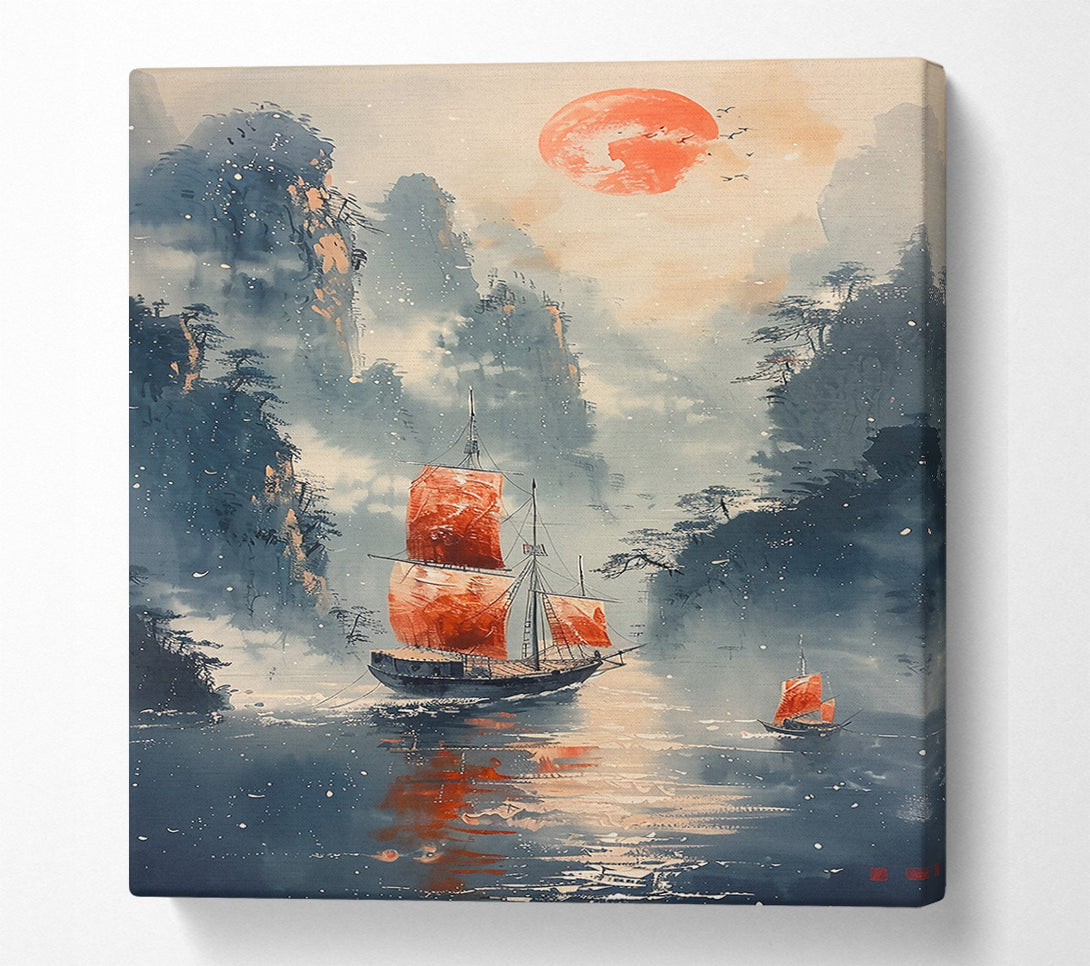  A Canvas Print of Crimson Sails At Dusk. Canvas Print