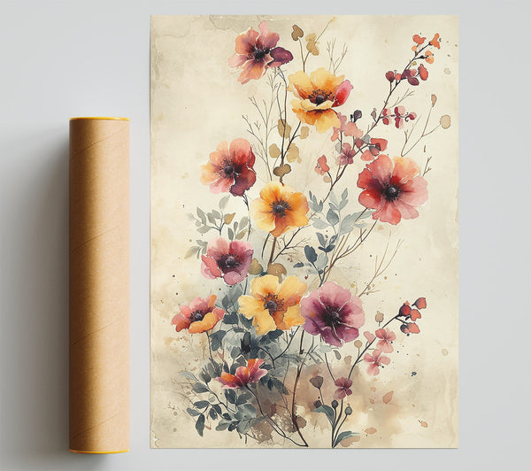 Golden Floral Watercolor Giclee Print