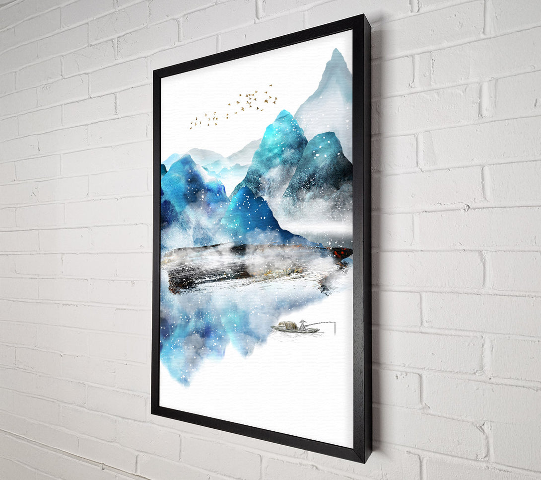  A Canvas Print of Blue Abstract With Boat On Lake Canvas Wall Art