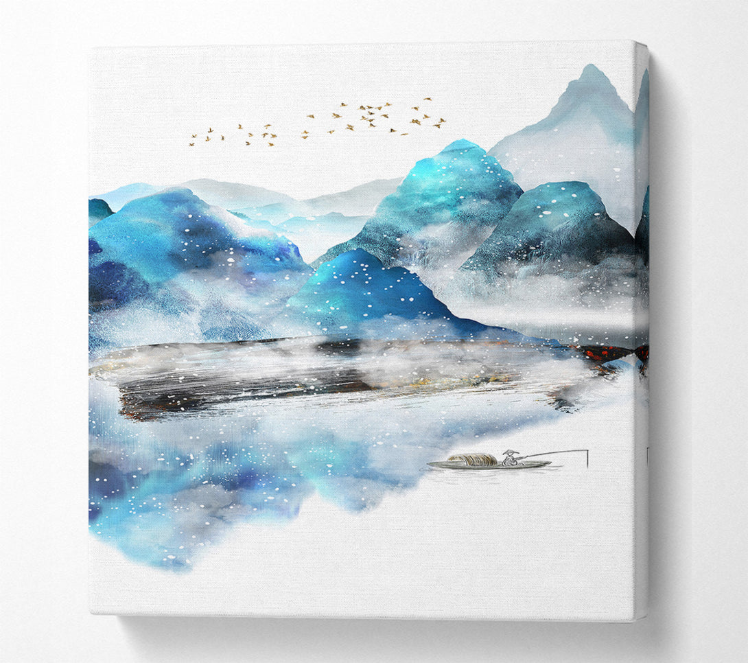  A Canvas Print of Blue Abstract With Boat On Lake Canvas Wall Art