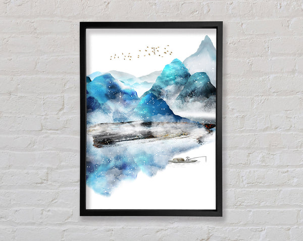 Blue Abstract With Boat On Lake Framed Print