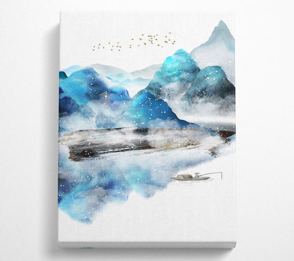  A Canvas Print of Blue Abstract With Boat On Lake Canvas Wall Art