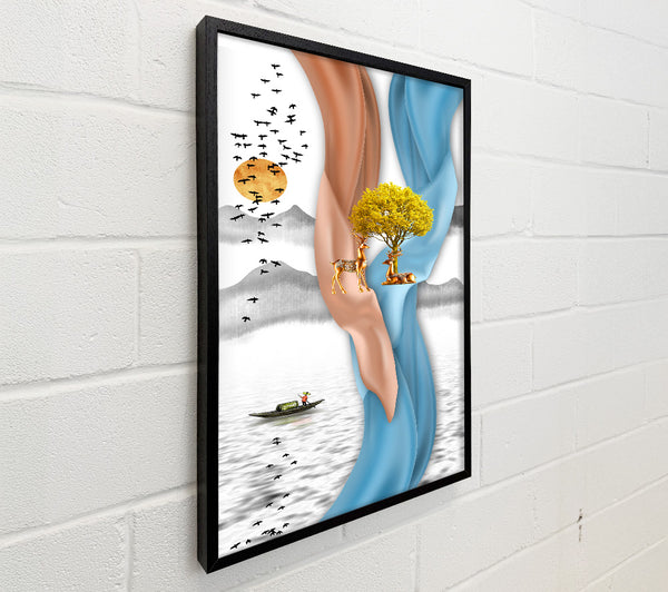 Blue And Orange Swirls With Yellow Tree