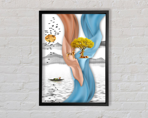 Blue And Orange Swirls With Yellow Tree Framed Print