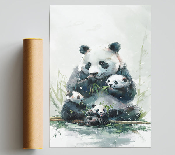 White Panda Family Feasting Print
