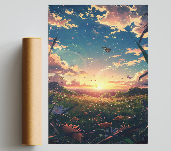 Orange Sunset Butterflies Poster