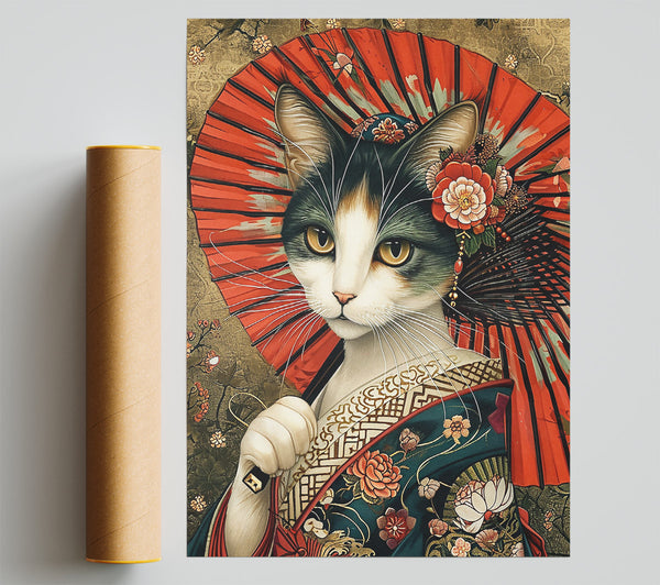 Red Kimono Cat Print